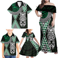 Green Aotearoa Niho Taniwha Family Matching Off Shoulder Maxi Dress and Hawaiian Shirt Maori Mythology Tooth - Taniko Motifs LT14 - Polynesian Pride