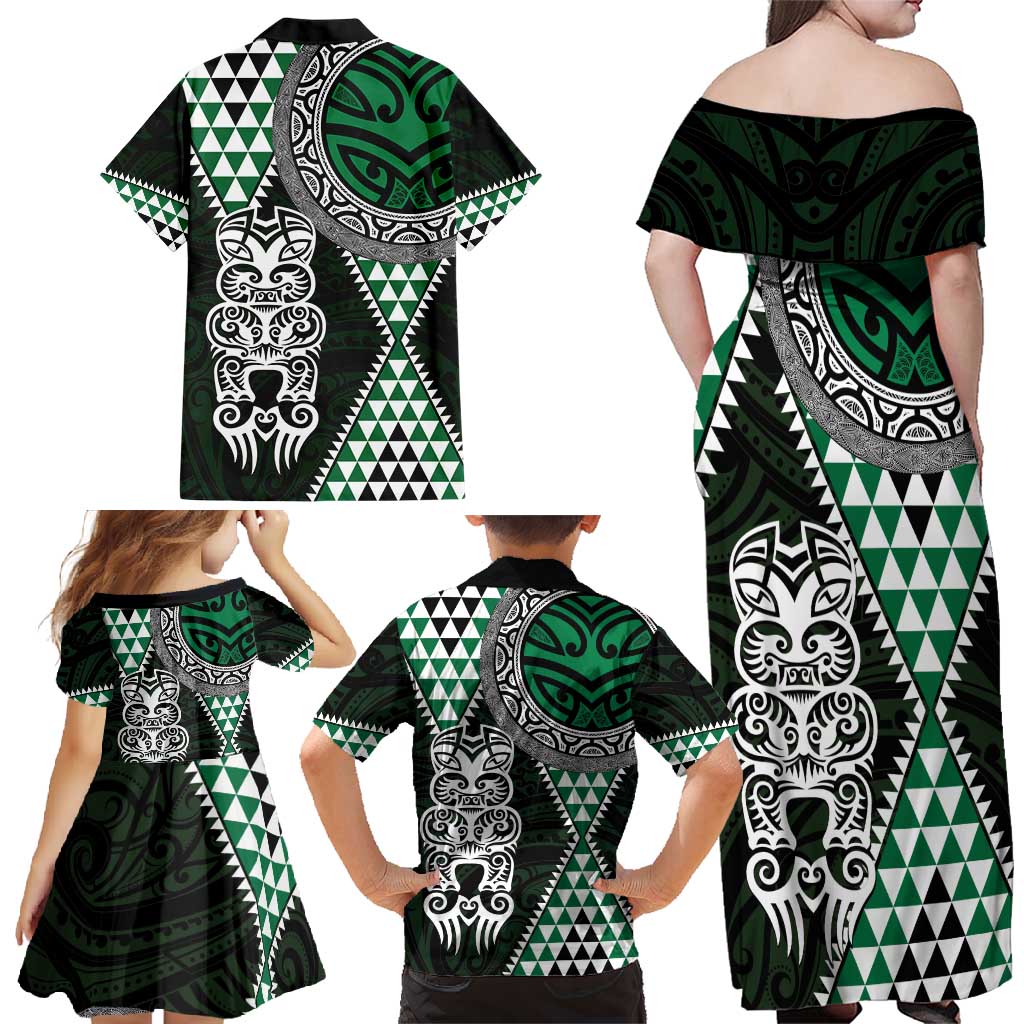 Green Aotearoa Niho Taniwha Family Matching Off Shoulder Maxi Dress and Hawaiian Shirt Maori Mythology Tooth - Taniko Motifs LT14 - Polynesian Pride