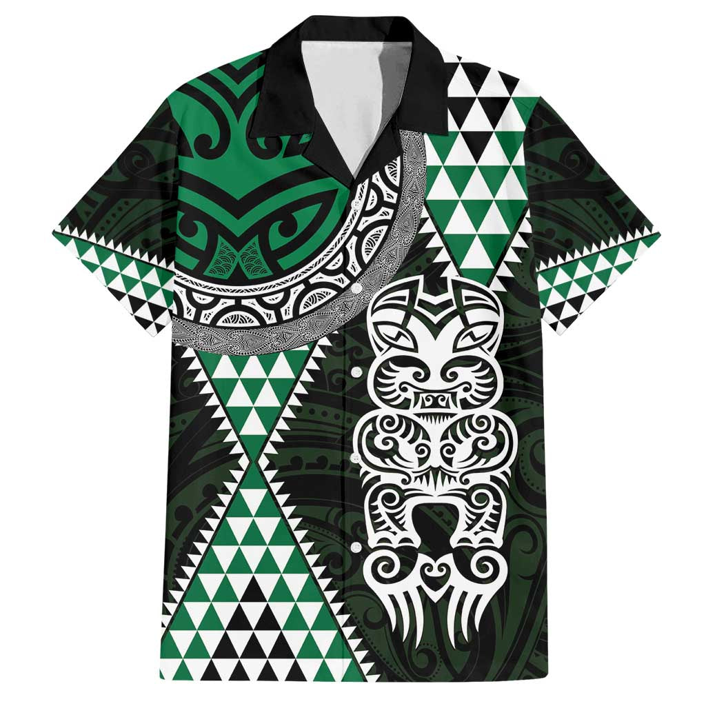 Green Aotearoa Niho Taniwha Family Matching Off Shoulder Maxi Dress and Hawaiian Shirt Maori Mythology Tooth - Taniko Motifs LT14 Dad's Shirt - Short Sleeve Green - Polynesian Pride