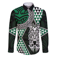 Green Aotearoa Niho Taniwha Family Matching Off Shoulder Maxi Dress and Hawaiian Shirt Maori Mythology Tooth - Taniko Motifs LT14 Dad's Shirt - Long Sleeve Green - Polynesian Pride