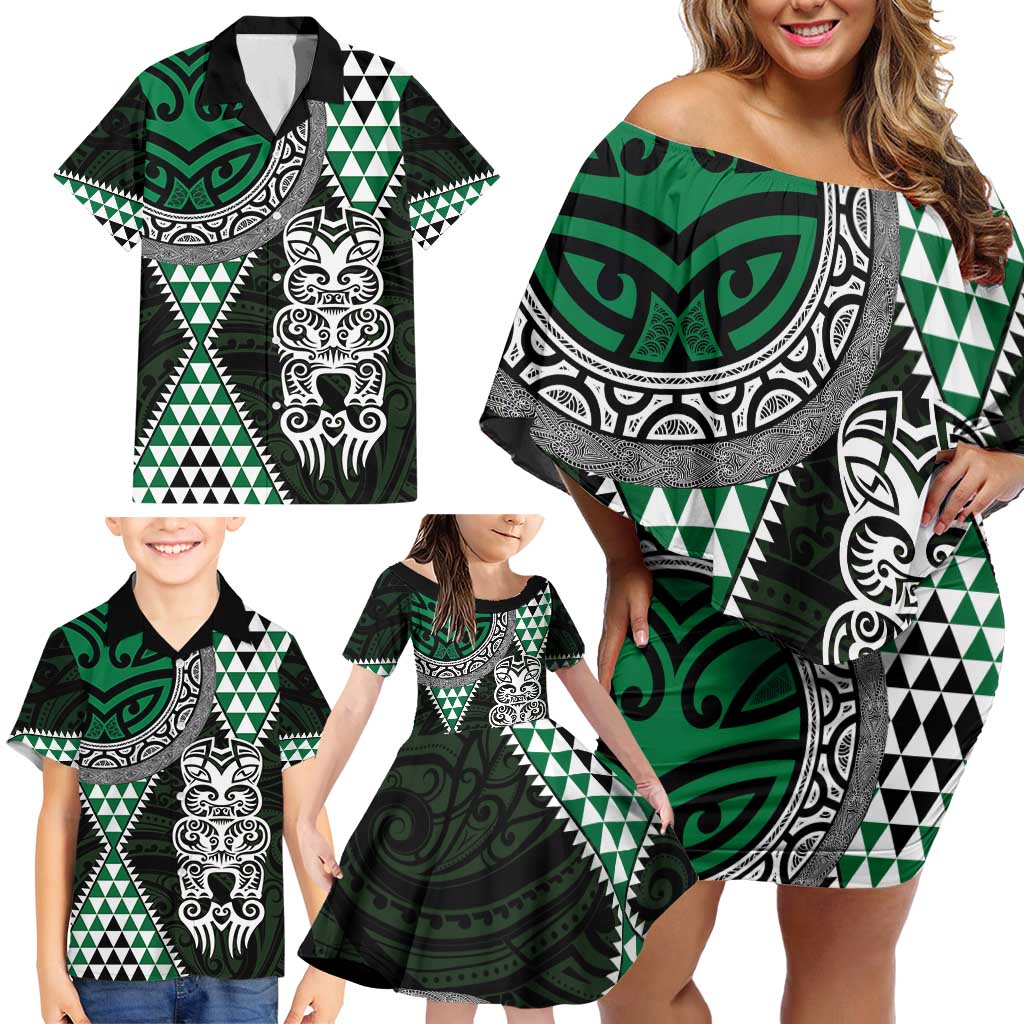 Green Aotearoa Niho Taniwha Family Matching Off Shoulder Short Dress and Hawaiian Shirt Maori Mythology Tooth - Taniko Motifs LT14 - Polynesian Pride