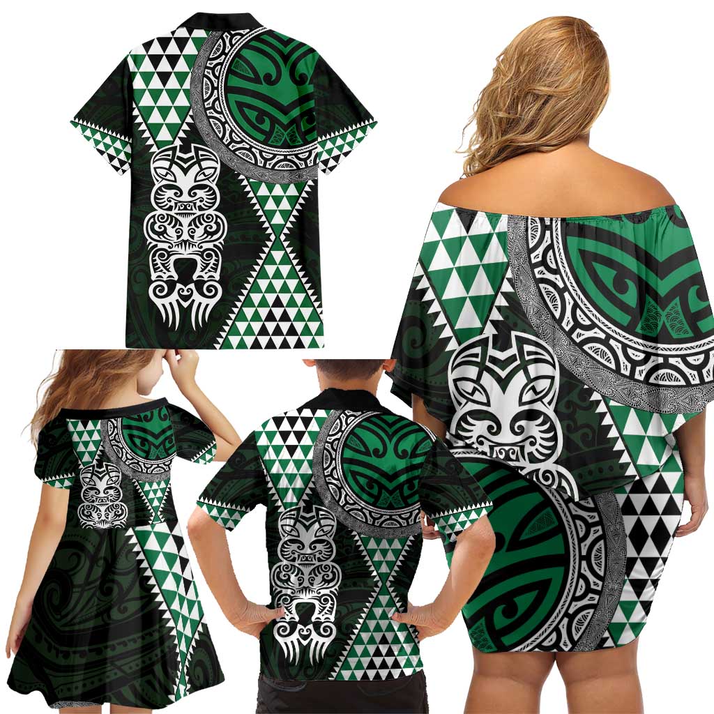 Green Aotearoa Niho Taniwha Family Matching Off Shoulder Short Dress and Hawaiian Shirt Maori Mythology Tooth - Taniko Motifs LT14 - Polynesian Pride