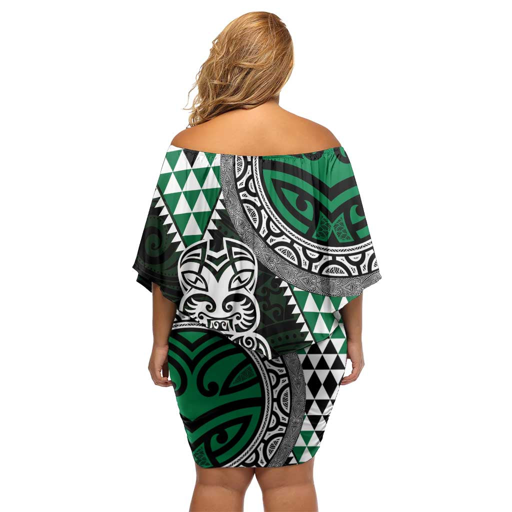 Green Aotearoa Niho Taniwha Family Matching Off Shoulder Short Dress and Hawaiian Shirt Maori Mythology Tooth - Taniko Motifs LT14 - Polynesian Pride