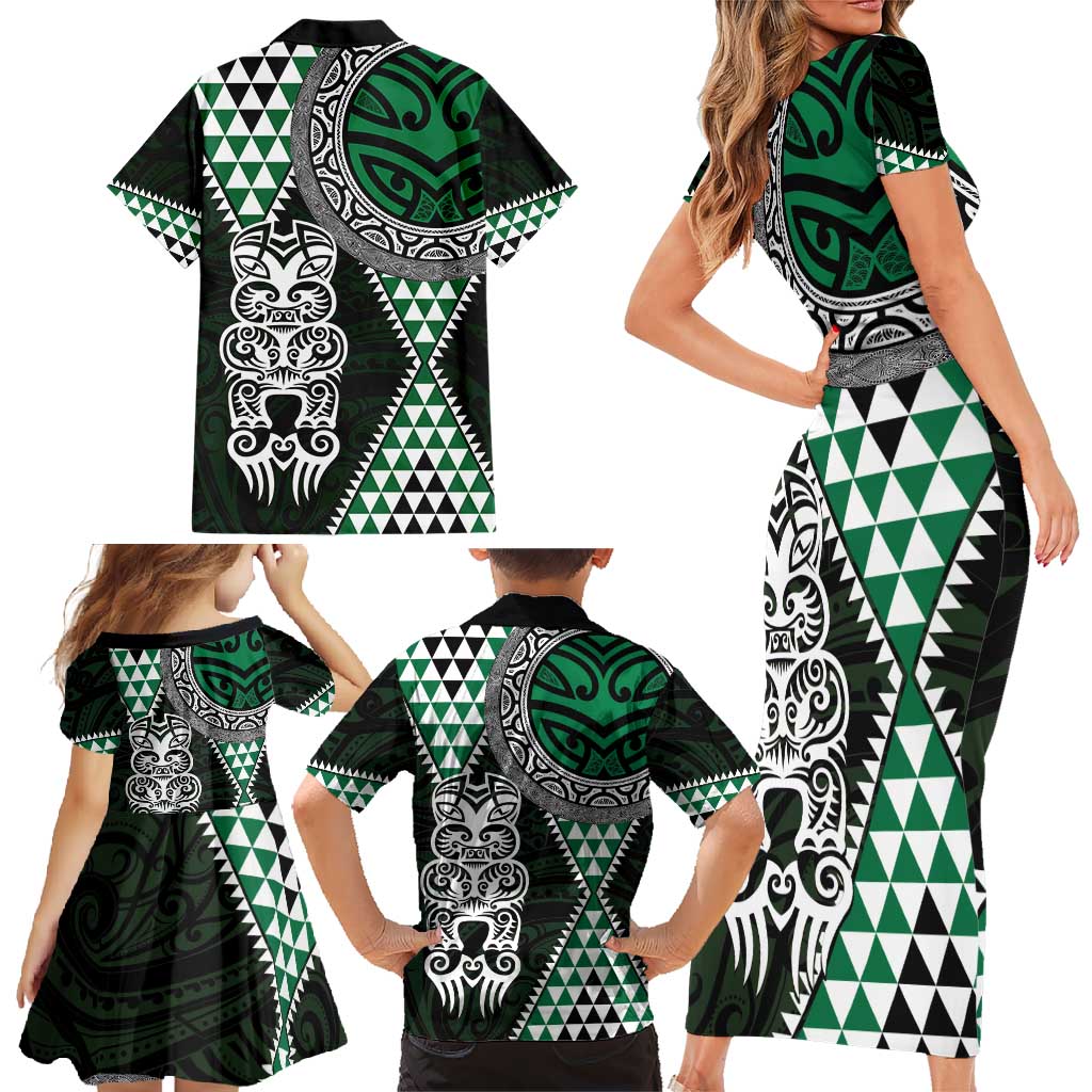 Green Aotearoa Niho Taniwha Family Matching Short Sleeve Bodycon Dress and Hawaiian Shirt Maori Mythology Tooth - Taniko Motifs LT14 - Polynesian Pride