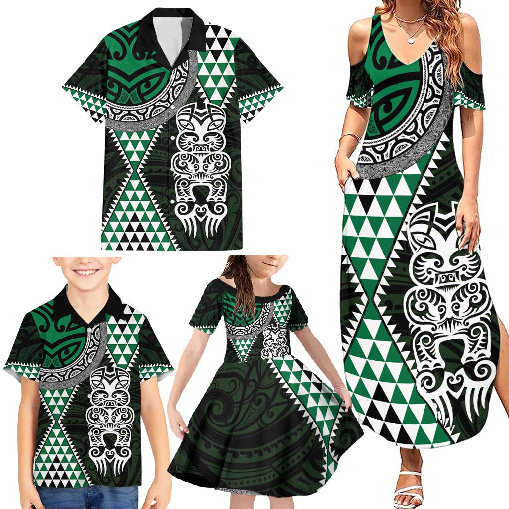 Green Aotearoa Niho Taniwha Family Matching Summer Maxi Dress and Hawaiian Shirt Maori Mythology Tooth - Taniko Motifs LT14 - Polynesian Pride