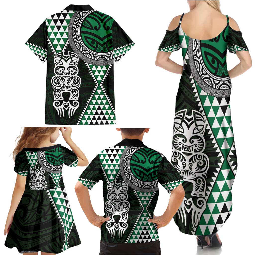 Green Aotearoa Niho Taniwha Family Matching Summer Maxi Dress and Hawaiian Shirt Maori Mythology Tooth - Taniko Motifs LT14 - Polynesian Pride