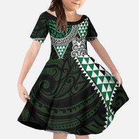 Green Aotearoa Niho Taniwha Family Matching Tank Maxi Dress and Hawaiian Shirt Maori Mythology Tooth - Taniko Motifs LT14 Daughter's Dress Green - Polynesian Pride