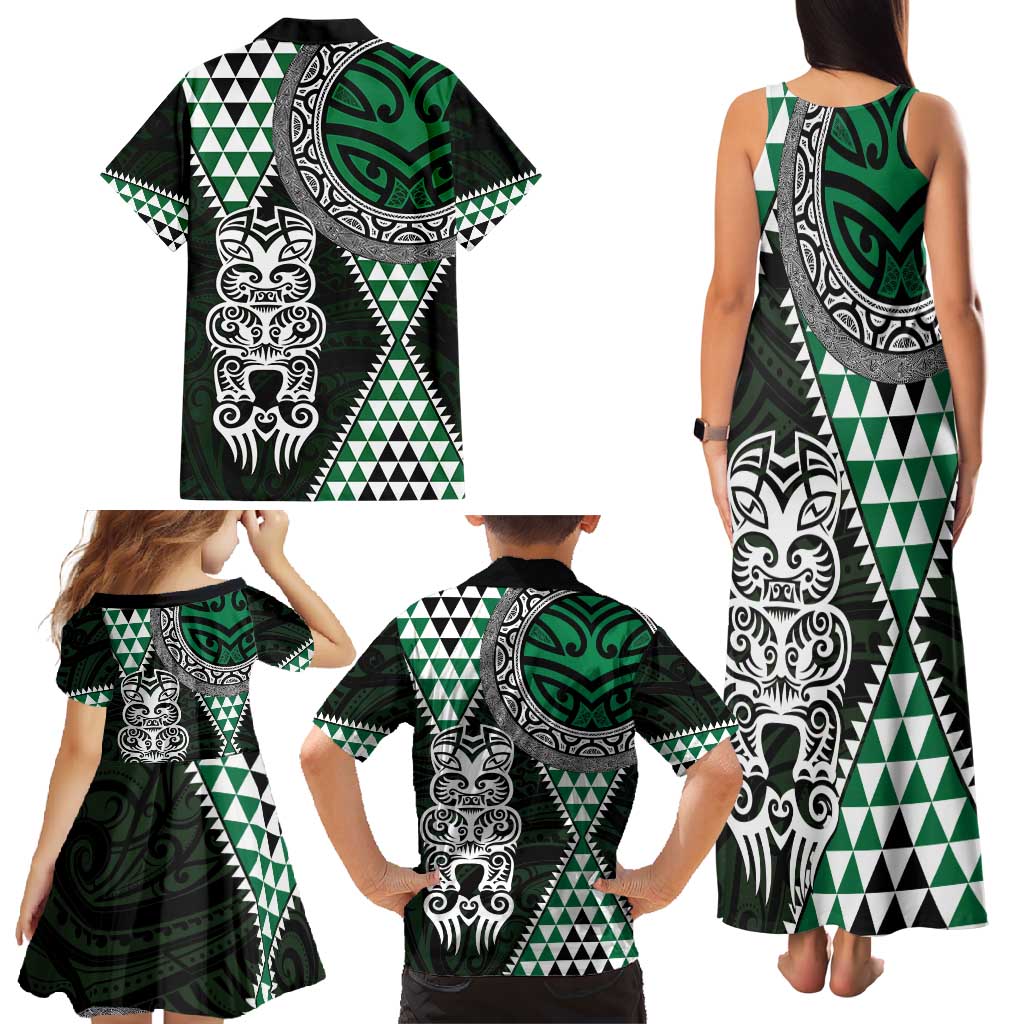 Green Aotearoa Niho Taniwha Family Matching Tank Maxi Dress and Hawaiian Shirt Maori Mythology Tooth - Taniko Motifs LT14 - Polynesian Pride