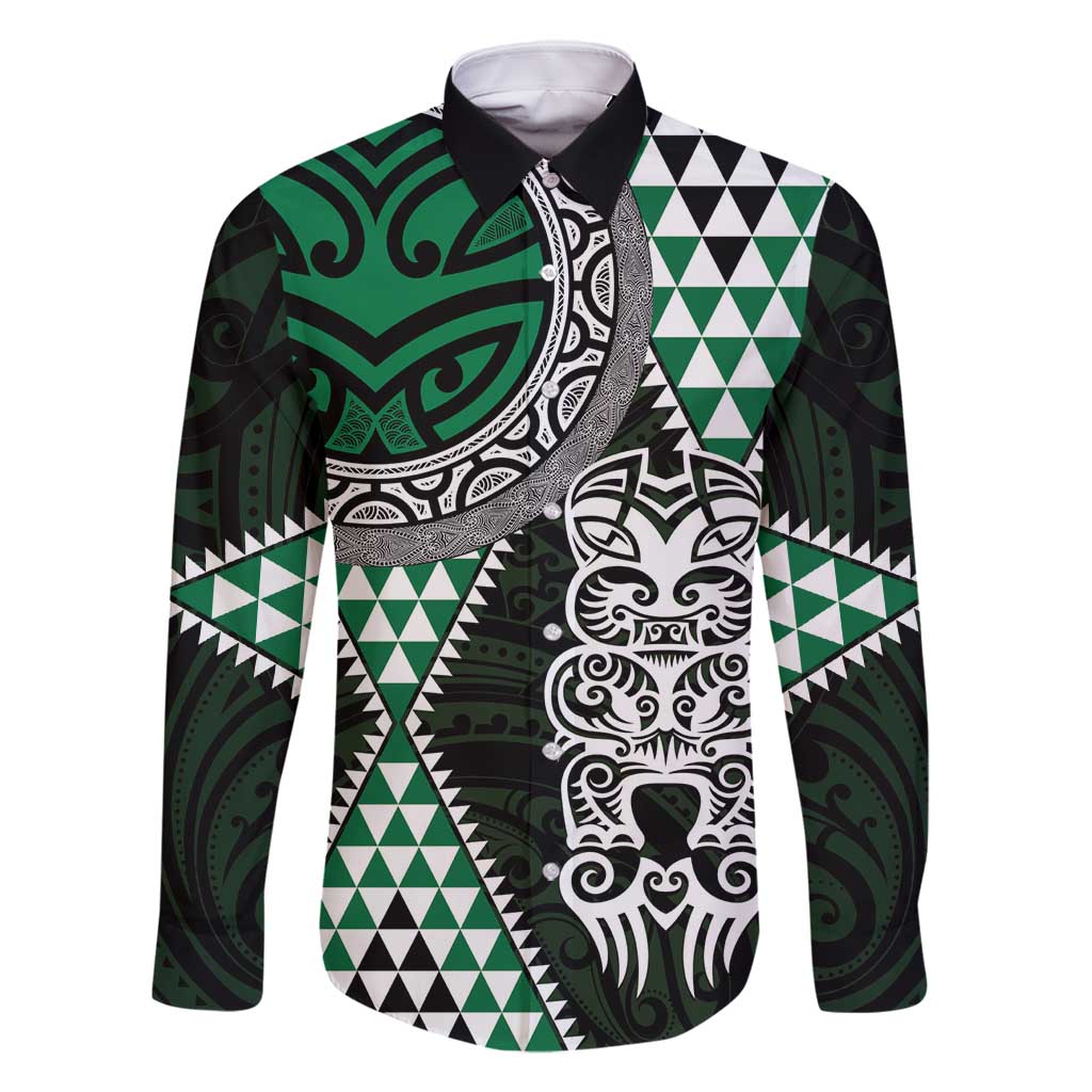 Green Aotearoa Niho Taniwha Family Matching Tank Maxi Dress and Hawaiian Shirt Maori Mythology Tooth - Taniko Motifs LT14 Dad's Shirt - Long Sleeve Green - Polynesian Pride