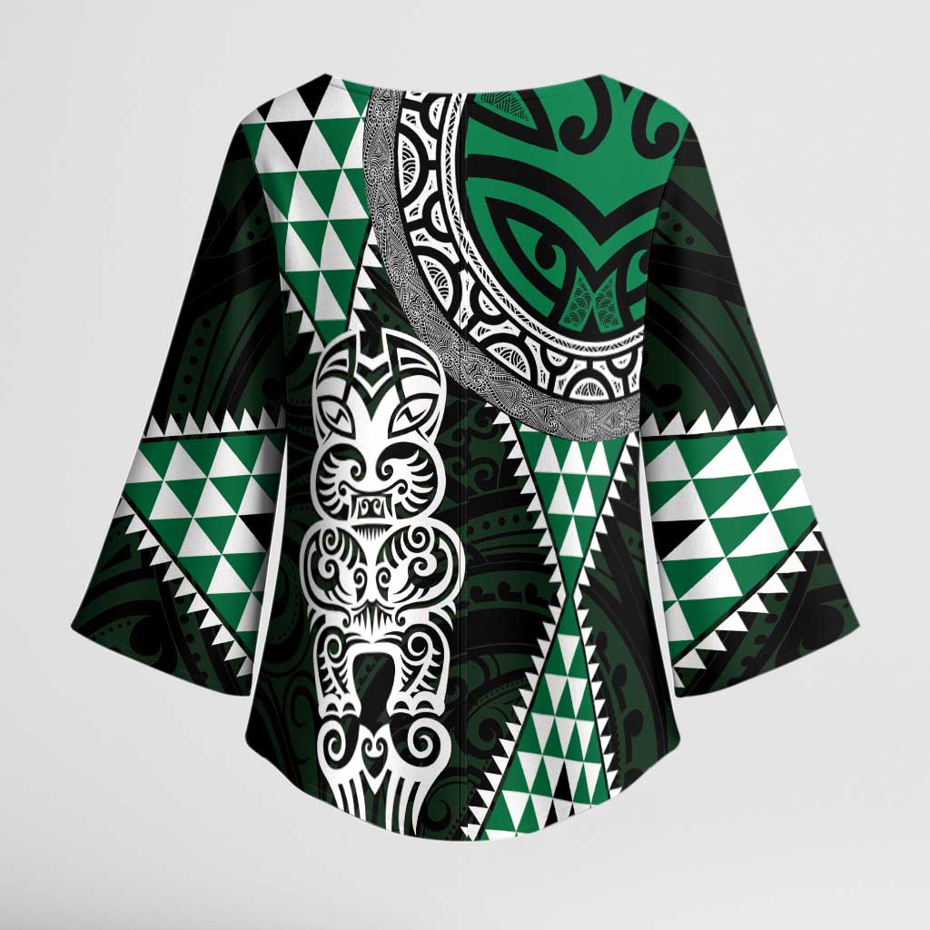 Green Aotearoa Niho Taniwha Kimono Sleeve Blouse Maori Mythology Tooth - Taniko Motifs - Polynesian Pride