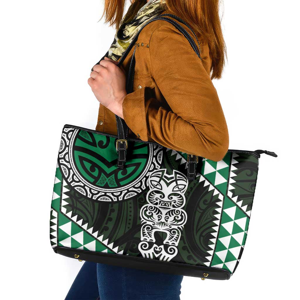 Green Aotearoa Niho Taniwha Leather Tote Bag Maori Mythology Tooth - Taniko Motifs LT14 Green - Polynesian Pride