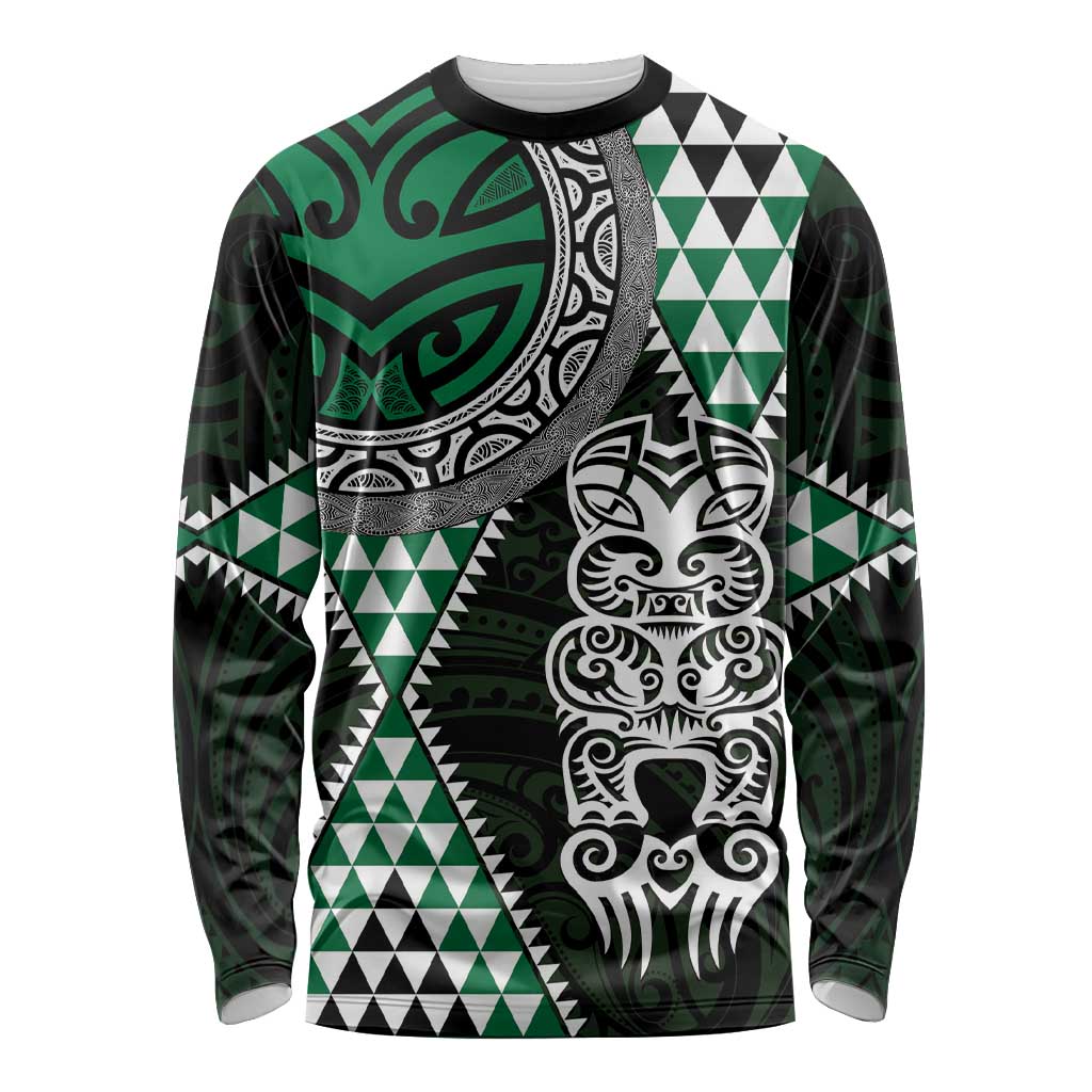 Green Aotearoa Niho Taniwha Long Sleeve Shirt Maori Mythology Tooth - Taniko Motifs LT14 Unisex Green - Polynesian Pride