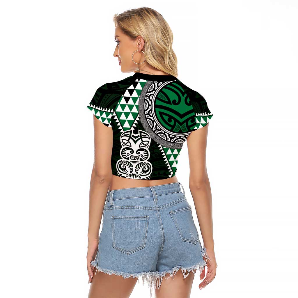 Green Aotearoa Niho Taniwha Raglan Cropped T Shirt Maori Mythology Tooth - Taniko Motifs LT14 - Polynesian Pride