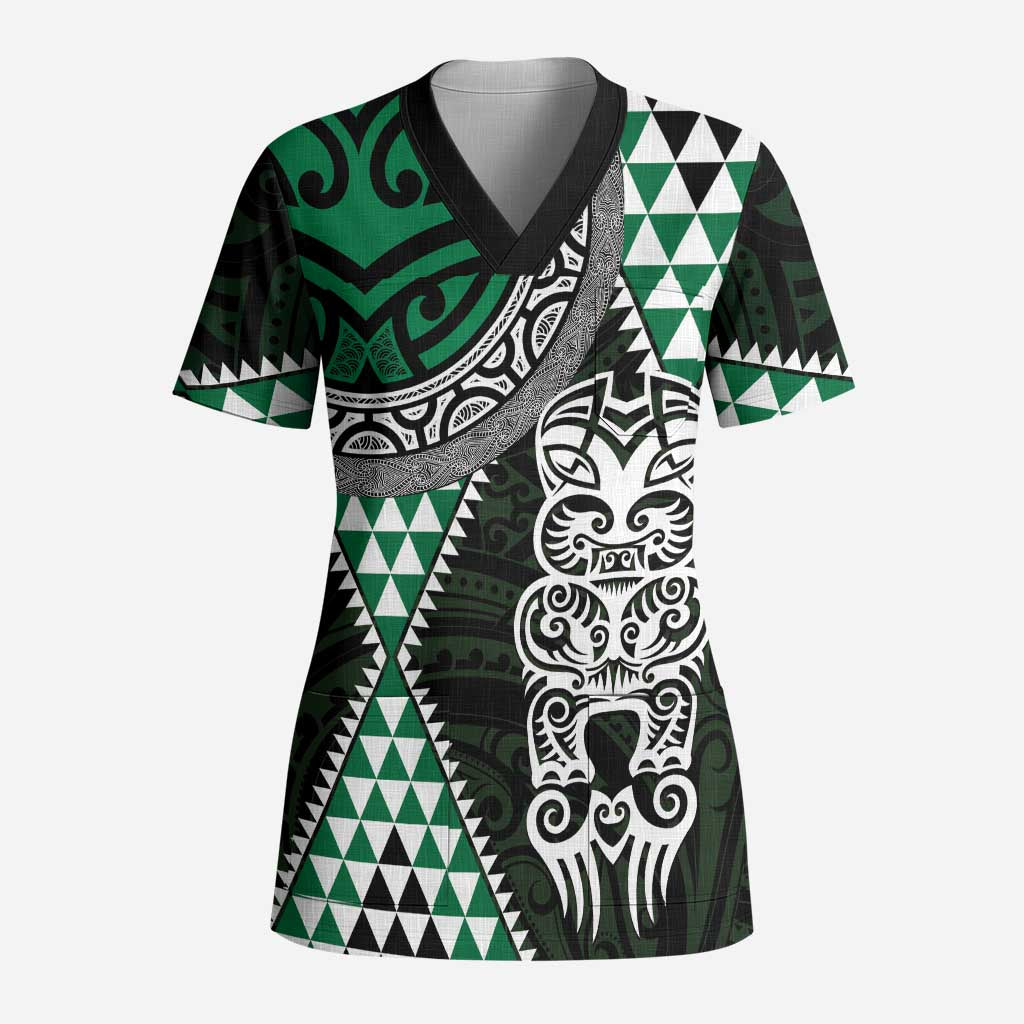 Green Aotearoa Niho Taniwha Scrub Top Maori Mythology Tooth - Taniko Motifs - Polynesian Pride