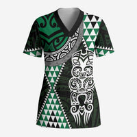 Green Aotearoa Niho Taniwha Scrub Top Maori Mythology Tooth - Taniko Motifs - Polynesian Pride