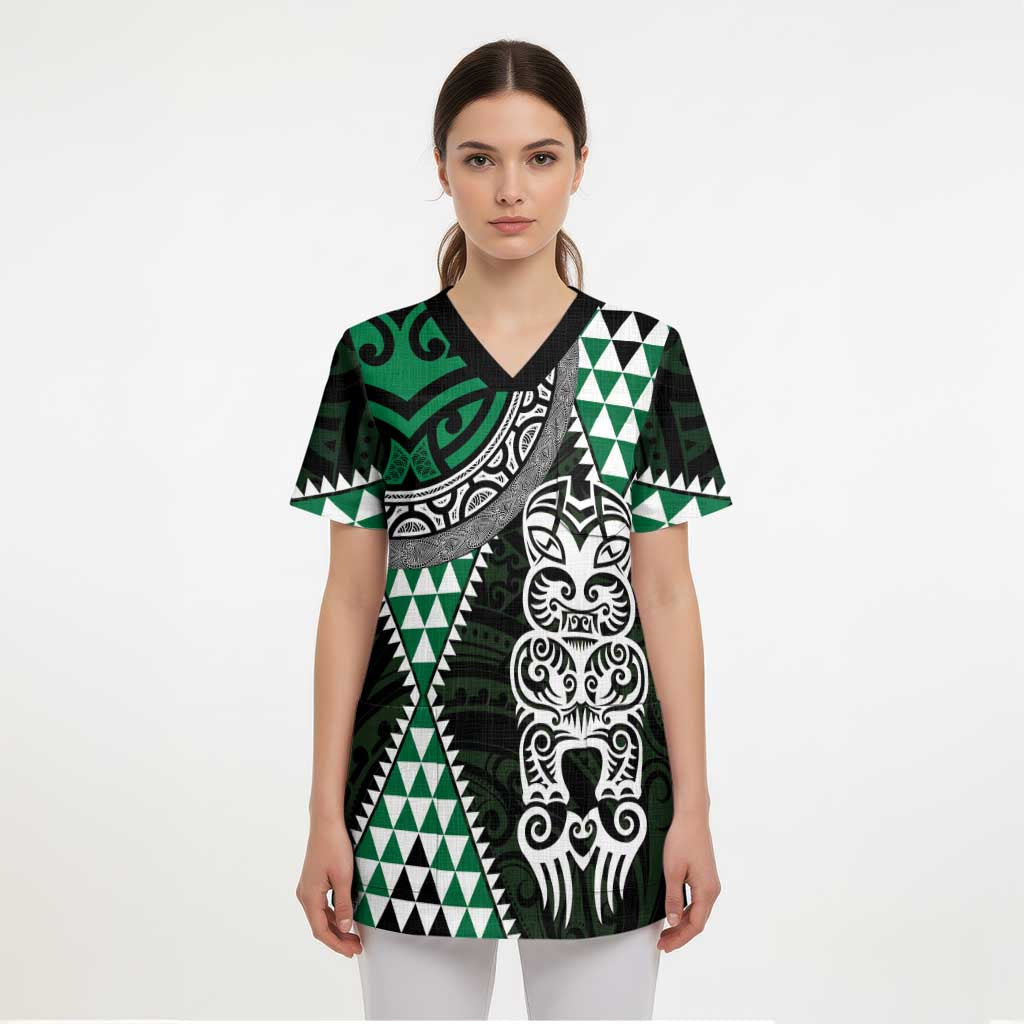 Green Aotearoa Niho Taniwha Scrub Top Maori Mythology Tooth - Taniko Motifs - Polynesian Pride