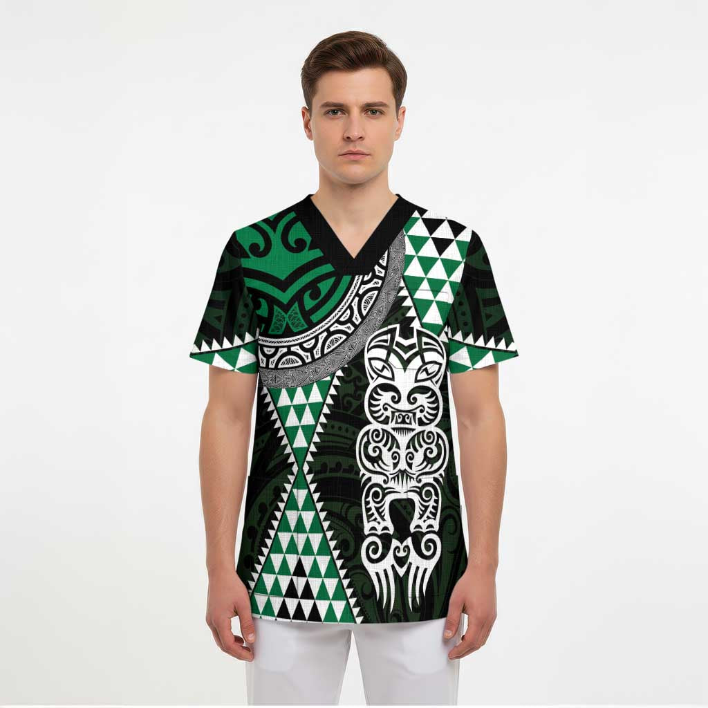 Green Aotearoa Niho Taniwha Scrub Top Maori Mythology Tooth - Taniko Motifs - Polynesian Pride