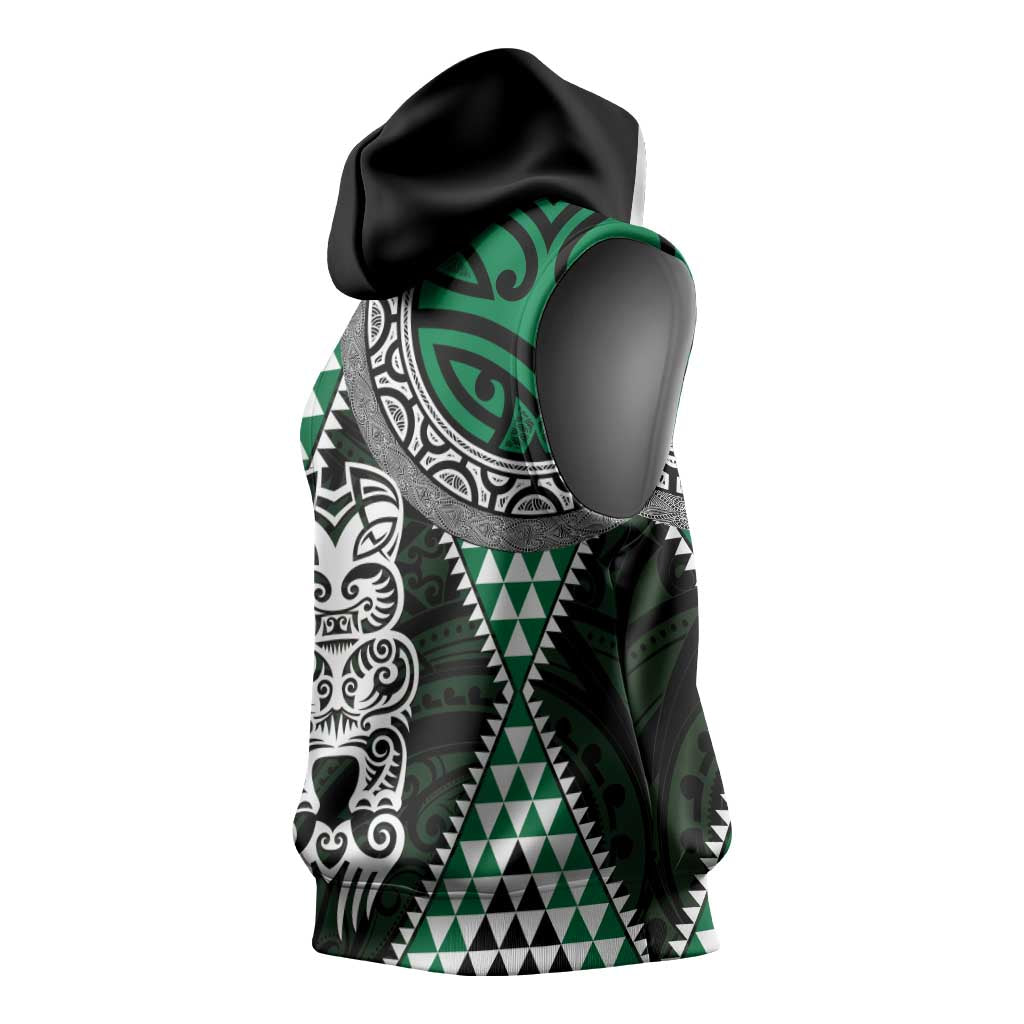 Green Aotearoa Niho Taniwha Sleeveless Hoodie Maori Mythology Tooth - Taniko Motifs - Polynesian Pride