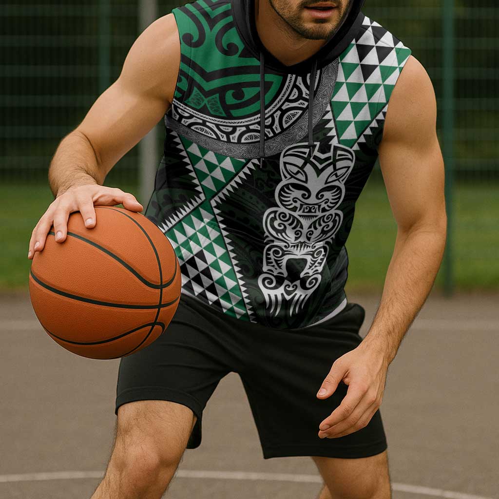 Green Aotearoa Niho Taniwha Sleeveless Hoodie Maori Mythology Tooth - Taniko Motifs - Polynesian Pride