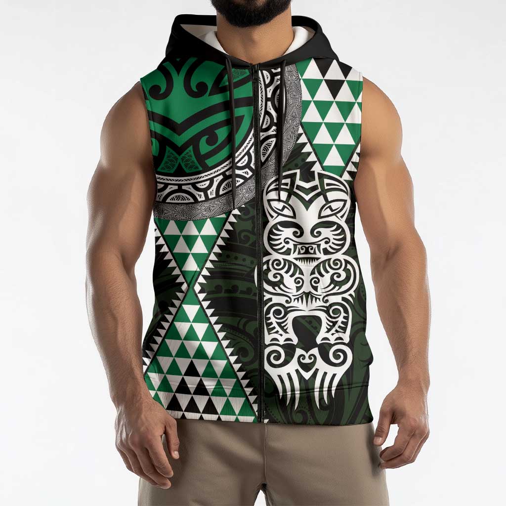 Green Aotearoa Niho Taniwha Sleeveless Zip Hoodie Maori Mythology Tooth - Taniko Motifs LT14 - Polynesian Pride