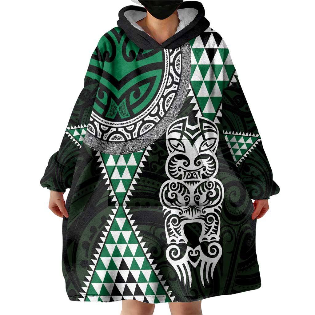 Green Aotearoa Niho Taniwha Wearable Blanket Hoodie Maori Mythology Tooth - Taniko Motifs