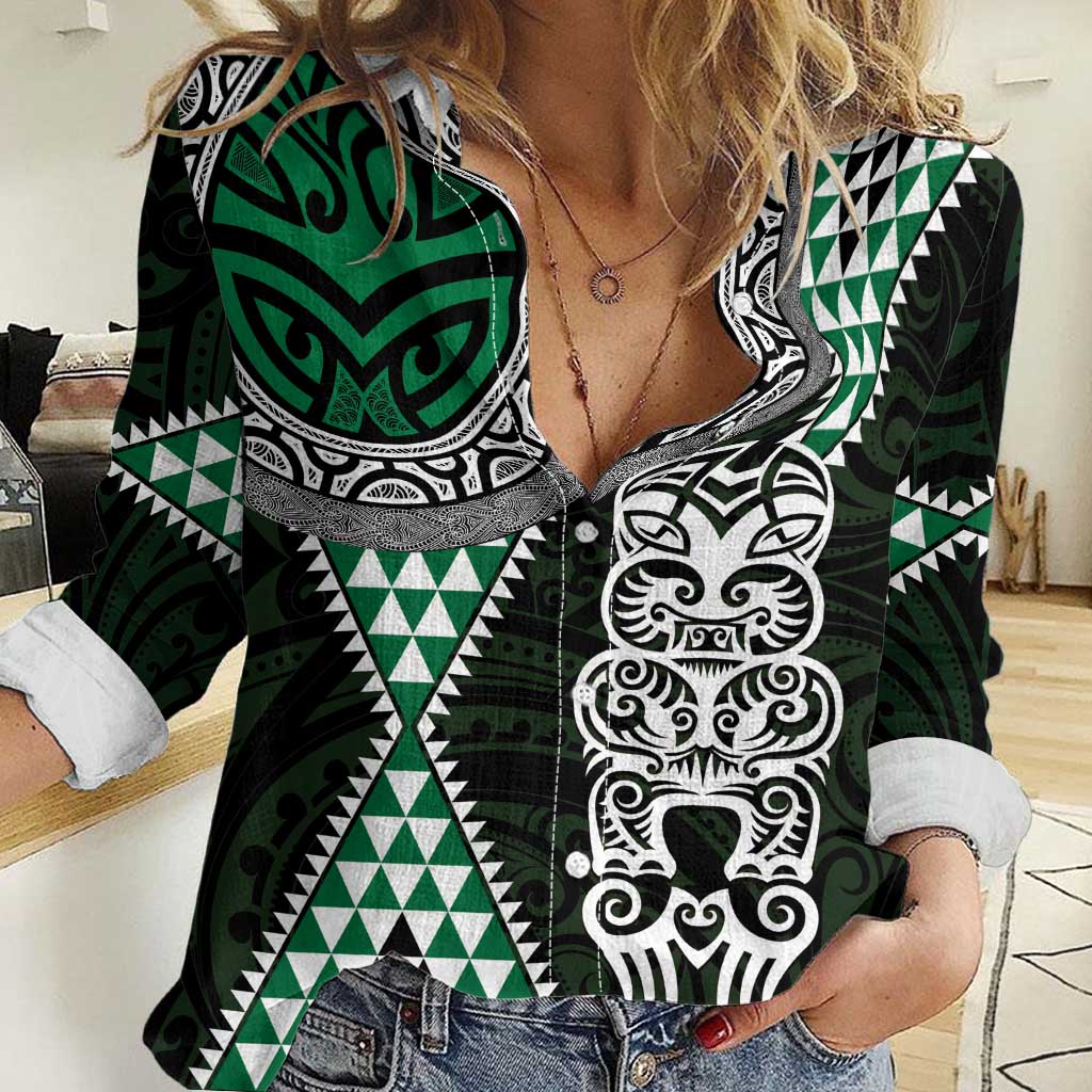 Green Aotearoa Niho Taniwha Women Casual Shirt Maori Mythology Tooth - Taniko Motifs LT14 Female Green - Polynesian Pride