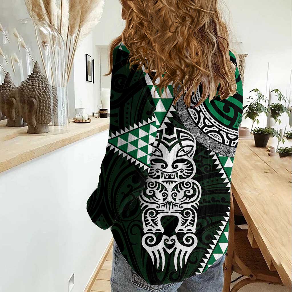 Green Aotearoa Niho Taniwha Women Casual Shirt Maori Mythology Tooth - Taniko Motifs LT14 - Polynesian Pride