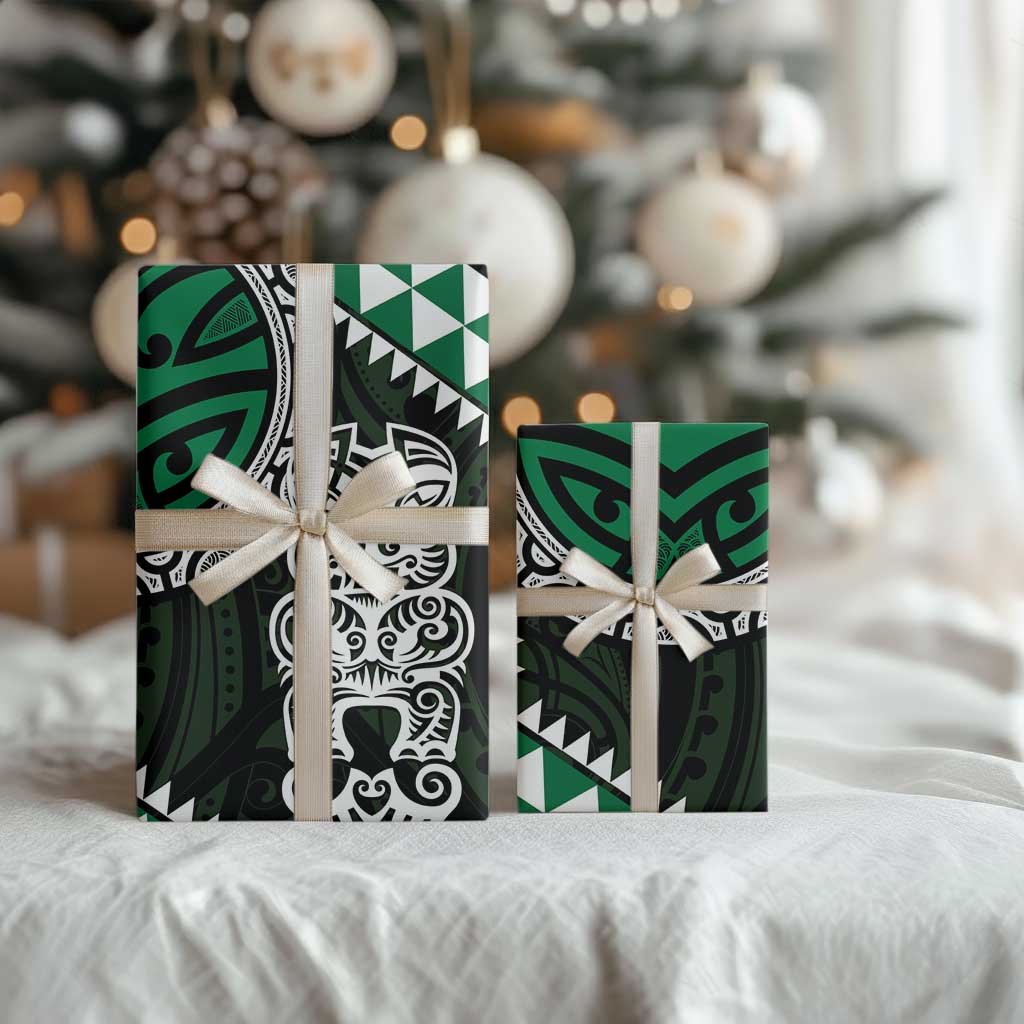 Green Aotearoa Niho Taniwha Wrapping Paper Maori Mythology Tooth - Taniko Motifs LT14 - Polynesian Pride