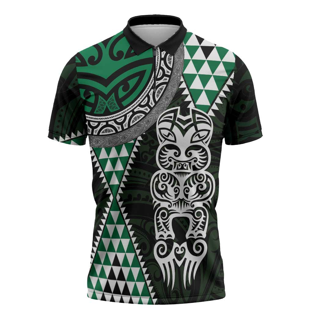 Green Aotearoa Niho Taniwha Zipper Polo Shirt Maori Mythology Tooth - Taniko Motifs - Polynesian Pride