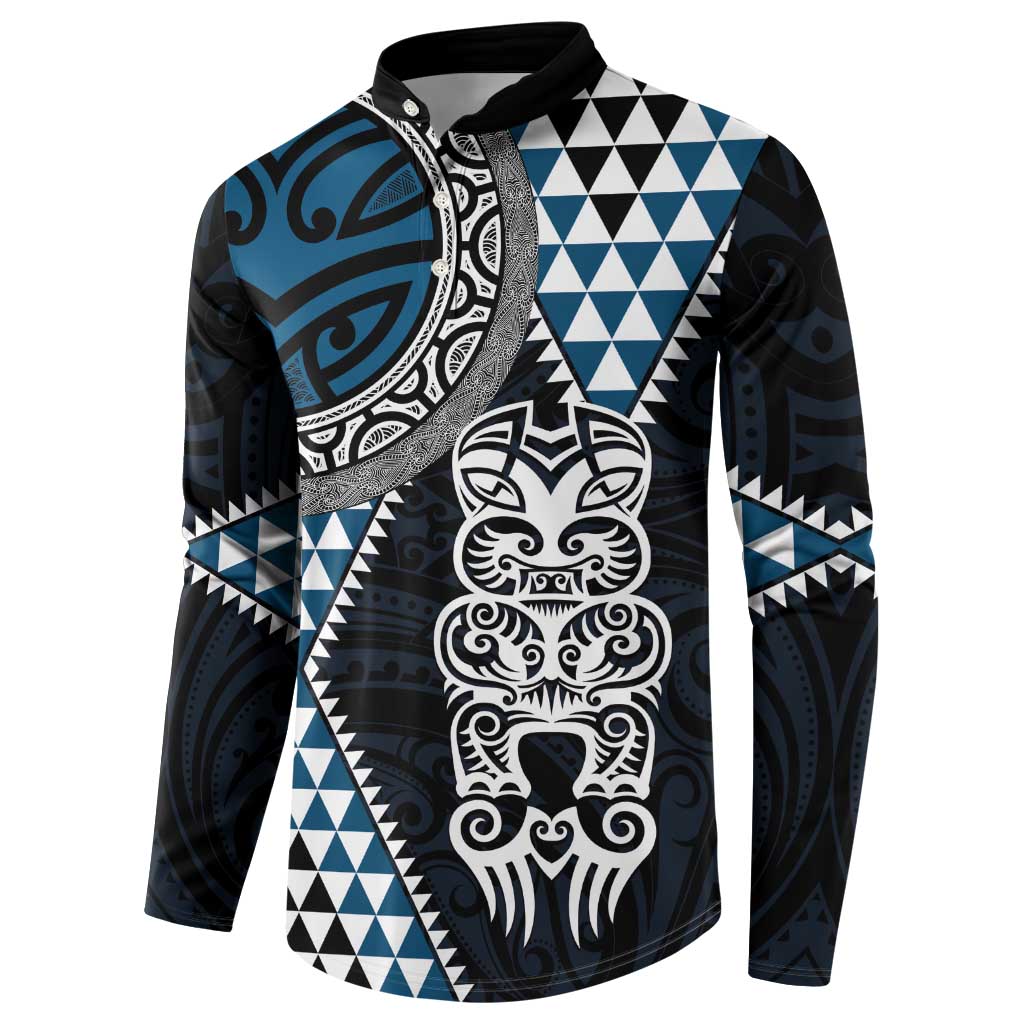 Blue Aotearoa Niho Taniwha Button Sweatshirt Maori Mythology Tooth - Taniko Motifs