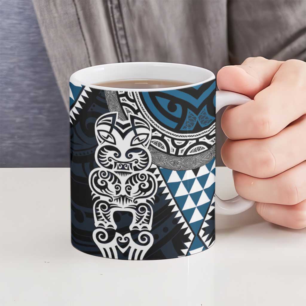 Blue Aotearoa Niho Taniwha Ceramic Mug Maori Mythology Tooth - Taniko Motifs - Polynesian Pride