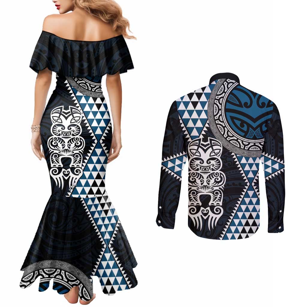 Blue Aotearoa Niho Taniwha Couples Matching Mermaid Dress and Long Sleeve Button Shirt Maori Mythology Tooth - Taniko Motifs LT14 - Polynesian Pride