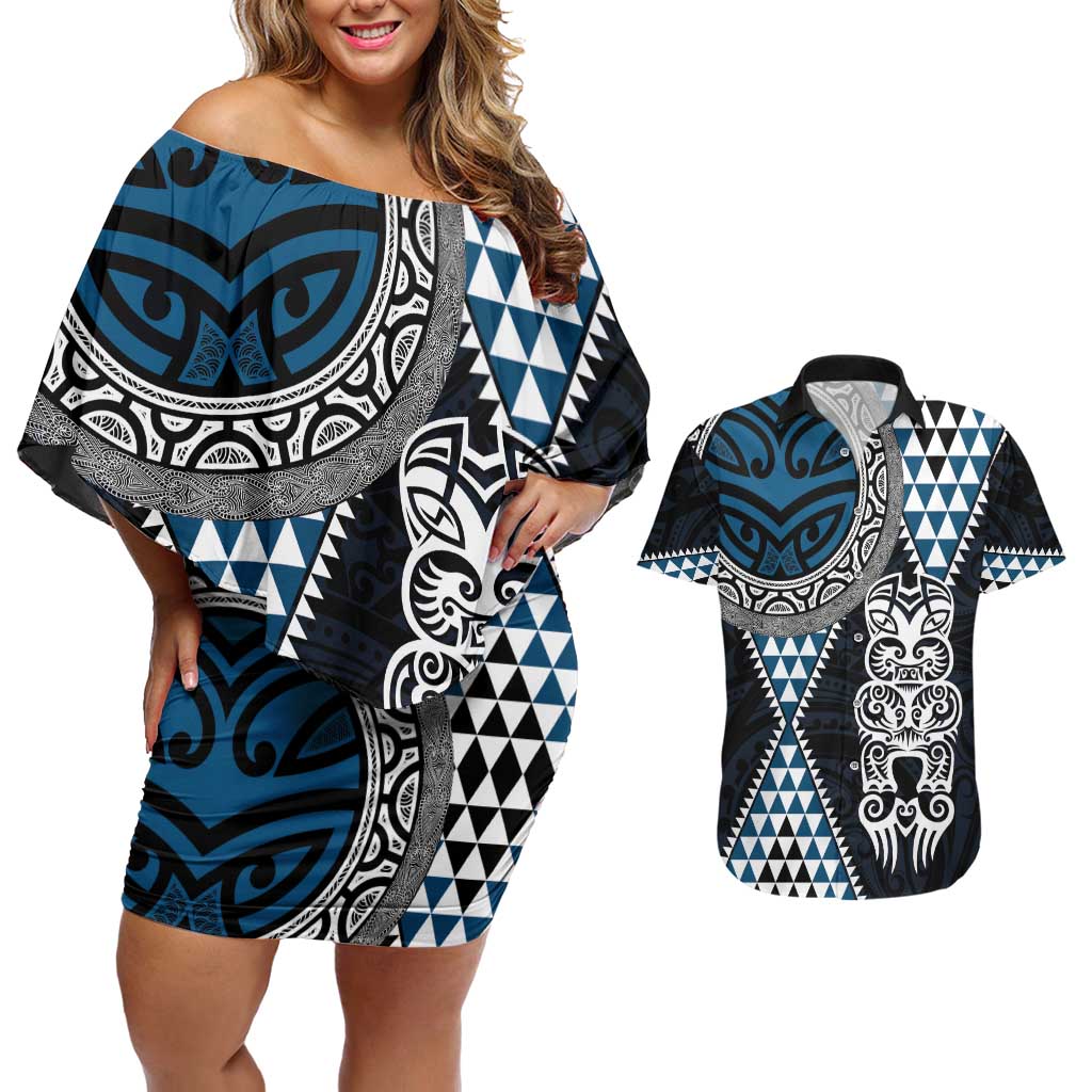 Blue Aotearoa Niho Taniwha Couples Matching Off Shoulder Short Dress and Hawaiian Shirt Maori Mythology Tooth - Taniko Motifs LT14 Blue - Polynesian Pride