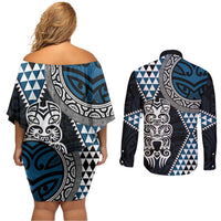 Blue Aotearoa Niho Taniwha Couples Matching Off Shoulder Short Dress and Long Sleeve Button Shirt Maori Mythology Tooth - Taniko Motifs LT14 - Polynesian Pride