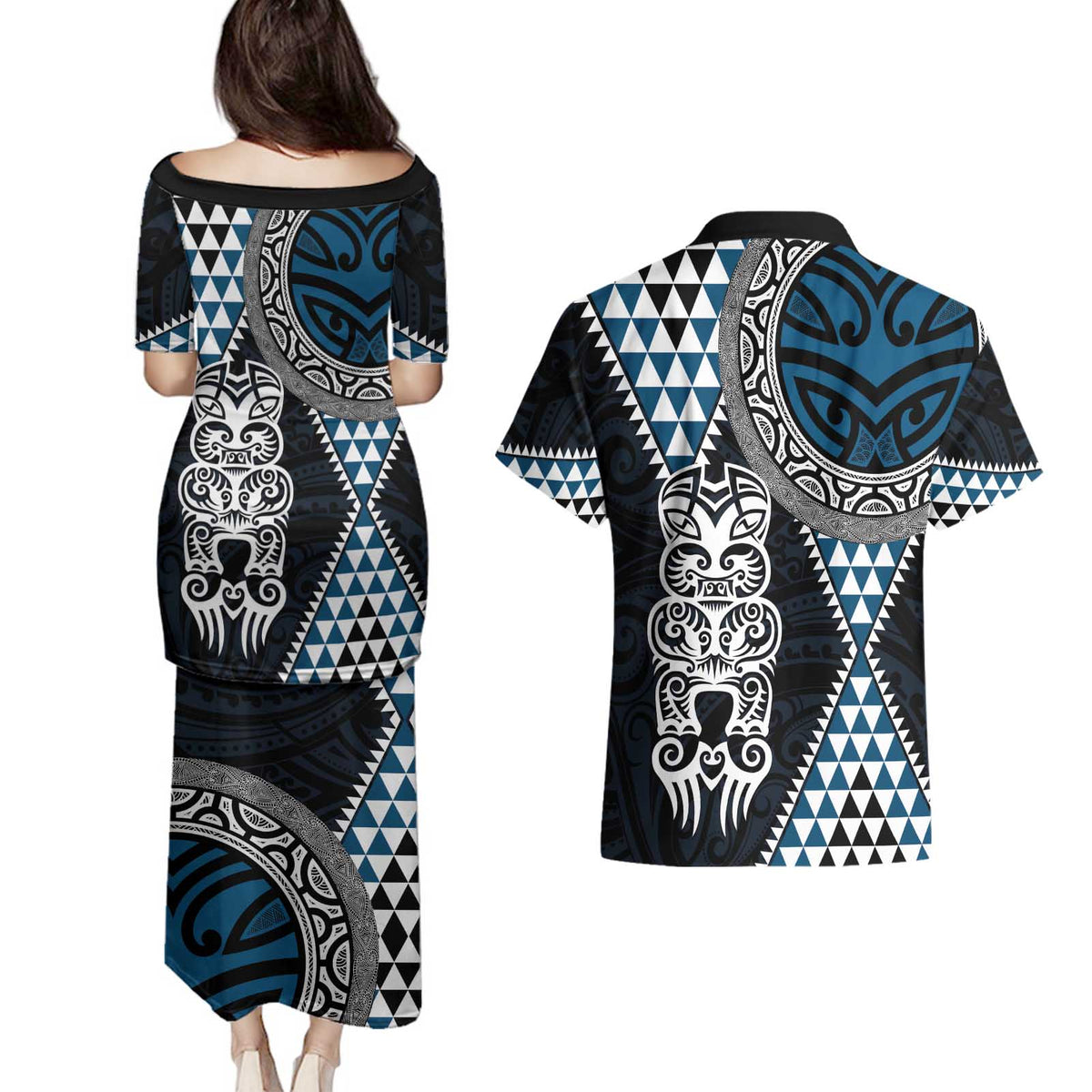 Blue Aotearoa Niho Taniwha Couples Matching Puletasi and Hawaiian Shirt Maori Mythology Tooth - Taniko Motifs LT14 - Polynesian Pride