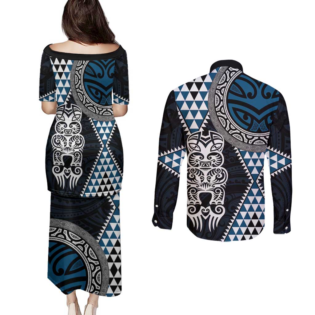Blue Aotearoa Niho Taniwha Couples Matching Puletasi and Long Sleeve Button Shirt Maori Mythology Tooth - Taniko Motifs LT14 - Polynesian Pride