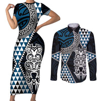 Blue Aotearoa Niho Taniwha Couples Matching Short Sleeve Bodycon Dress and Long Sleeve Button Shirt Maori Mythology Tooth - Taniko Motifs LT14 Blue - Polynesian Pride