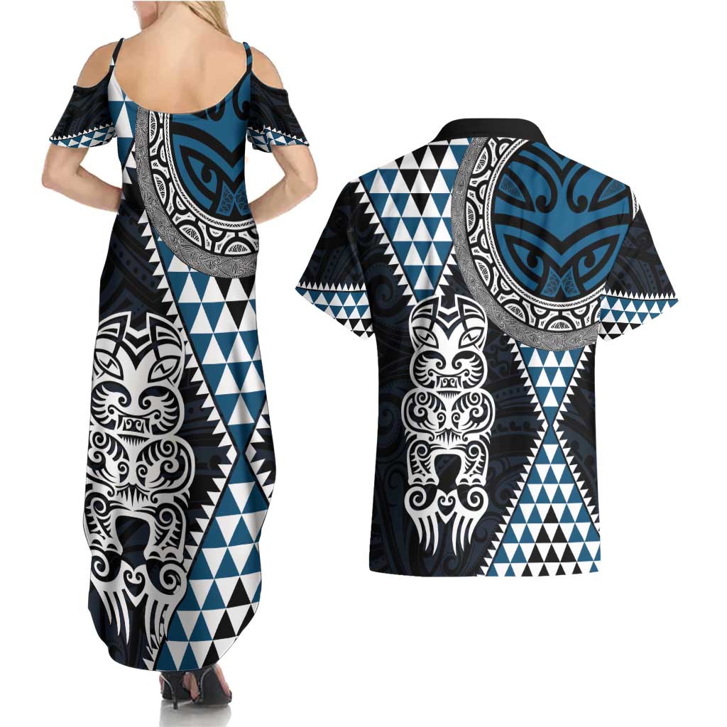 Blue Aotearoa Niho Taniwha Couples Matching Summer Maxi Dress and Hawaiian Shirt Maori Mythology Tooth - Taniko Motifs LT14 - Polynesian Pride