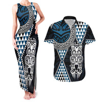 Blue Aotearoa Niho Taniwha Couples Matching Tank Maxi Dress and Hawaiian Shirt Maori Mythology Tooth - Taniko Motifs LT14 Blue - Polynesian Pride