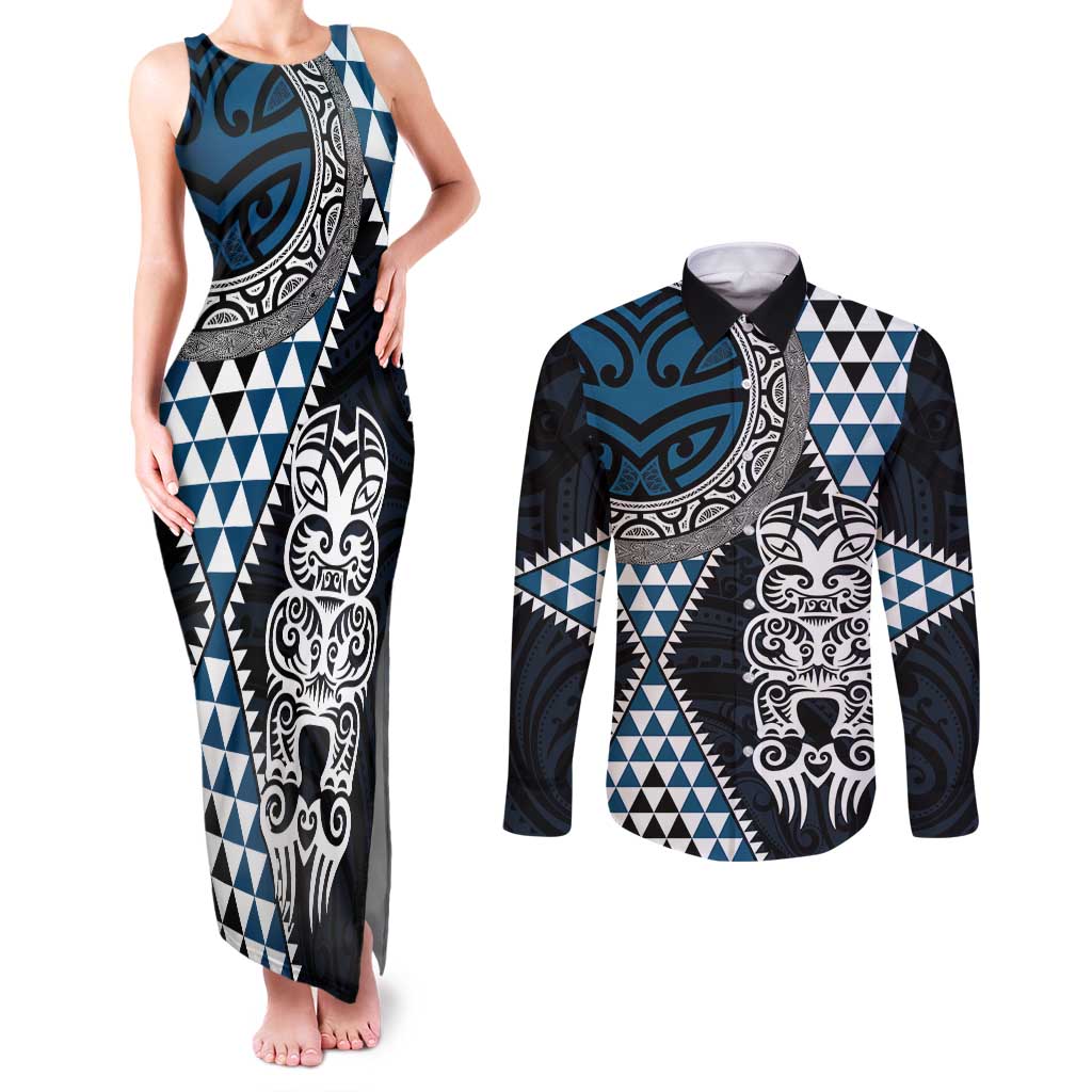 Blue Aotearoa Niho Taniwha Couples Matching Tank Maxi Dress and Long Sleeve Button Shirt Maori Mythology Tooth - Taniko Motifs LT14 Blue - Polynesian Pride