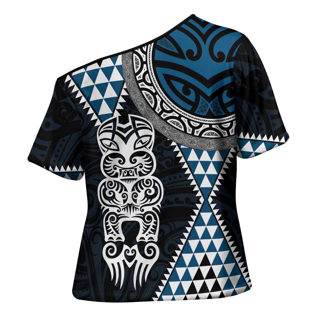 Blue Aotearoa Niho Taniwha Cross Shoulder Shirt Maori Mythology Tooth - Taniko Motifs - Polynesian Pride