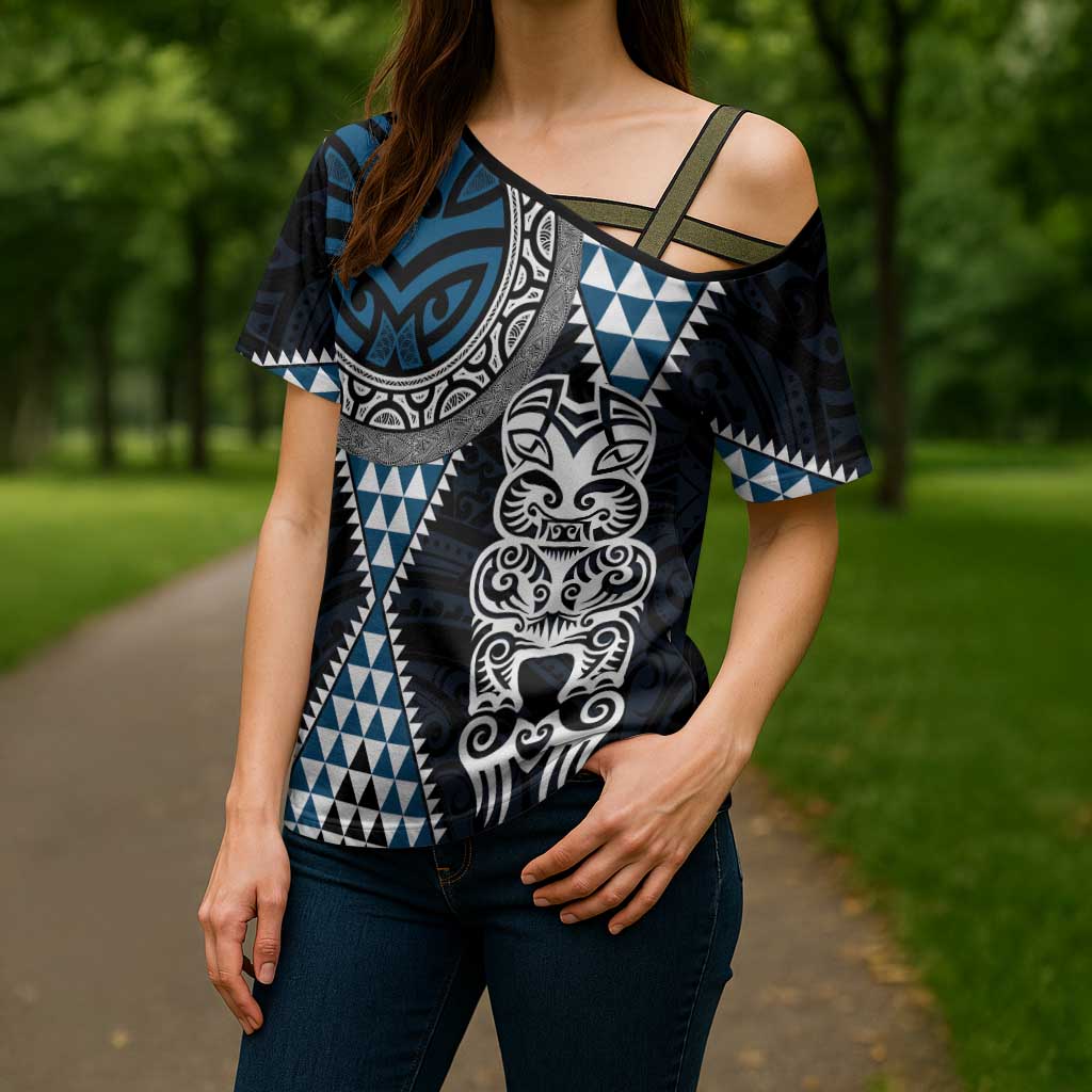 Blue Aotearoa Niho Taniwha Cross Shoulder Shirt Maori Mythology Tooth - Taniko Motifs - Polynesian Pride