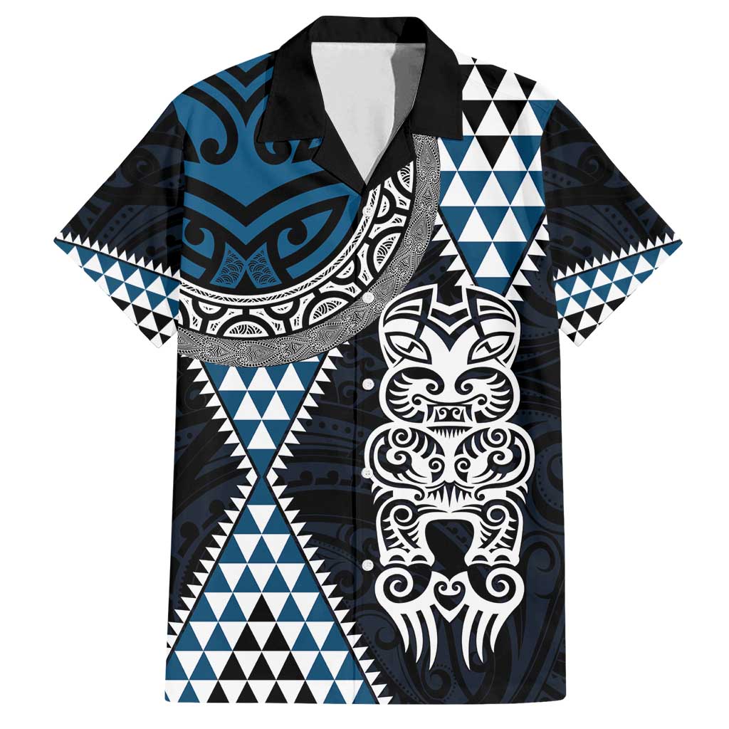 Blue Aotearoa Niho Taniwha Family Matching Off Shoulder Maxi Dress and Hawaiian Shirt Maori Mythology Tooth - Taniko Motifs LT14 Dad's Shirt - Short Sleeve Blue - Polynesian Pride