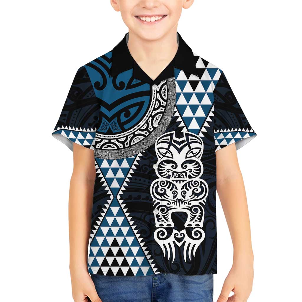 Blue Aotearoa Niho Taniwha Family Matching Off Shoulder Maxi Dress and Hawaiian Shirt Maori Mythology Tooth - Taniko Motifs LT14 Son's Shirt Blue - Polynesian Pride