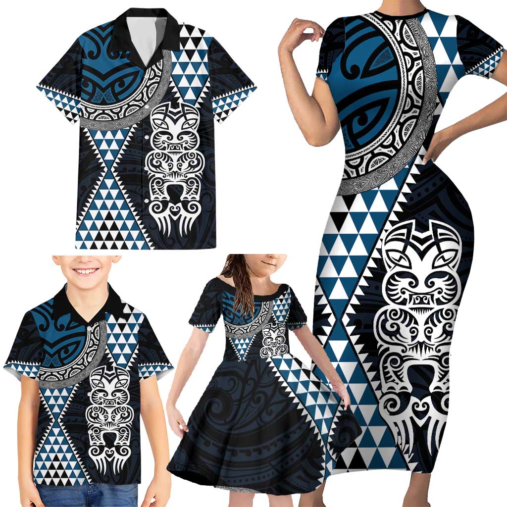 Blue Aotearoa Niho Taniwha Family Matching Short Sleeve Bodycon Dress and Hawaiian Shirt Maori Mythology Tooth - Taniko Motifs LT14 - Polynesian Pride