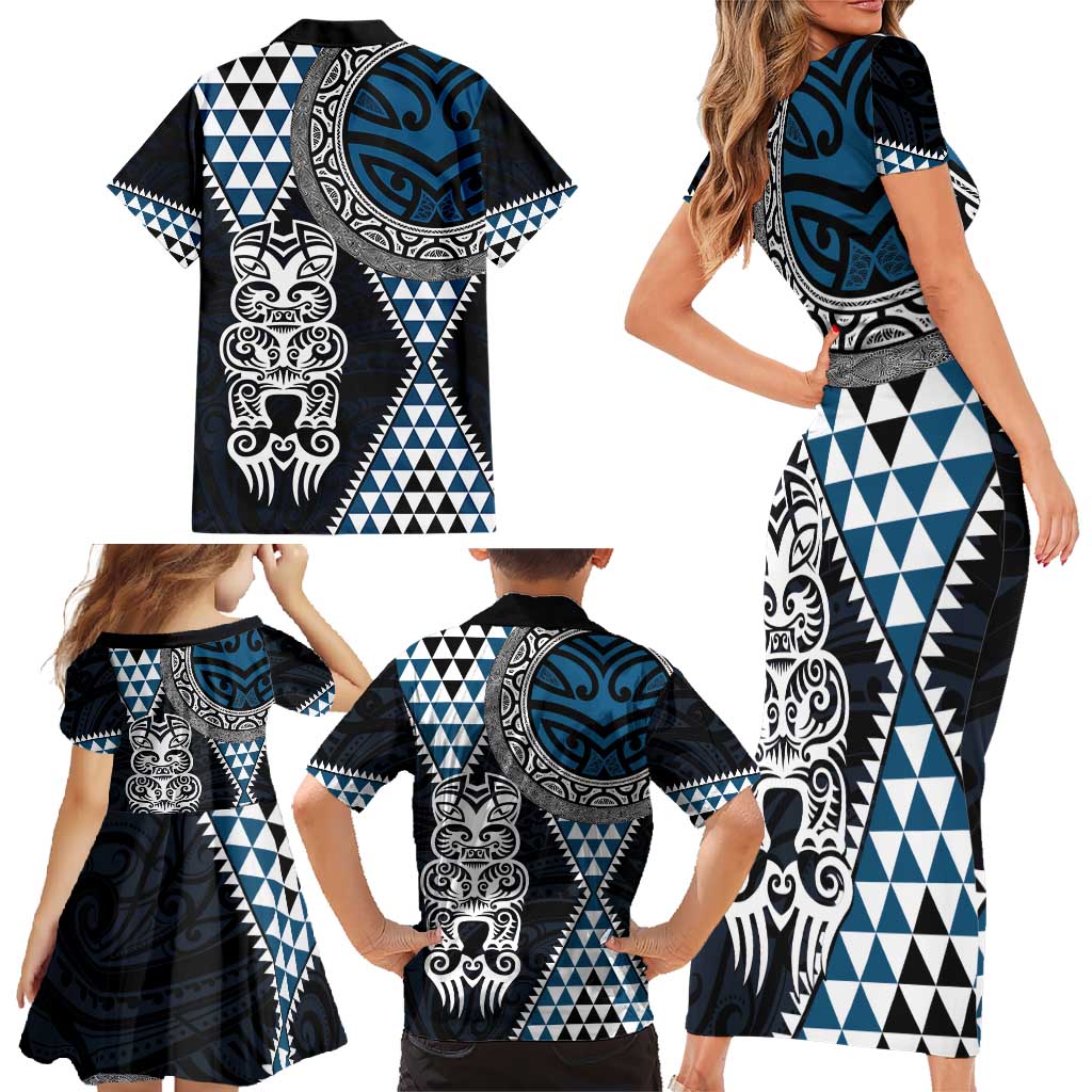 Blue Aotearoa Niho Taniwha Family Matching Short Sleeve Bodycon Dress and Hawaiian Shirt Maori Mythology Tooth - Taniko Motifs LT14 - Polynesian Pride