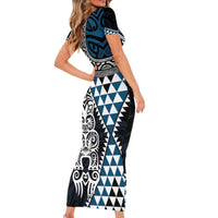 Blue Aotearoa Niho Taniwha Family Matching Short Sleeve Bodycon Dress and Hawaiian Shirt Maori Mythology Tooth - Taniko Motifs LT14 - Polynesian Pride