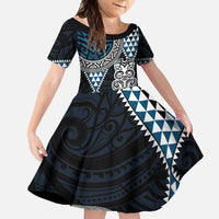 Blue Aotearoa Niho Taniwha Family Matching Summer Maxi Dress and Hawaiian Shirt Maori Mythology Tooth - Taniko Motifs LT14 Daughter's Dress Blue - Polynesian Pride