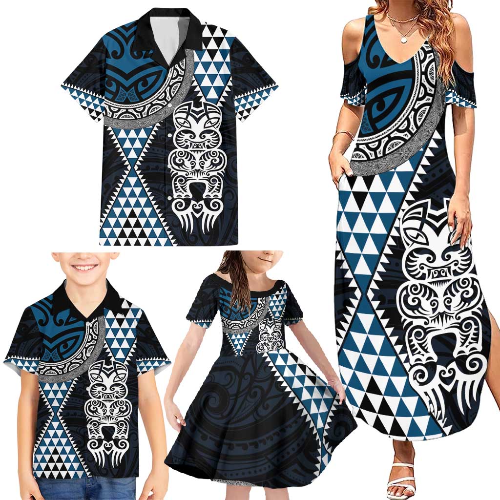 Blue Aotearoa Niho Taniwha Family Matching Summer Maxi Dress and Hawaiian Shirt Maori Mythology Tooth - Taniko Motifs LT14 - Polynesian Pride