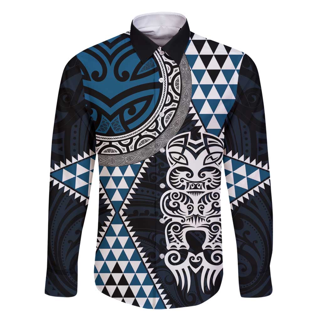 Blue Aotearoa Niho Taniwha Family Matching Summer Maxi Dress and Hawaiian Shirt Maori Mythology Tooth - Taniko Motifs LT14 Dad's Shirt - Long Sleeve Blue - Polynesian Pride